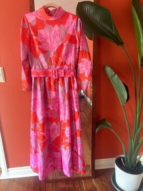 Tori Richard Honolulu 1960s Floral Maxi Dress Pink Belted Mock Neck S